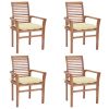 Dining Chairs 4 pcs with Cream White Cushions Solid Teak Wood