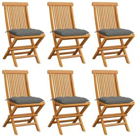 Patio Chairs with Gray Cushions 6 pcs Solid Teak Wood (Color: Grey)
