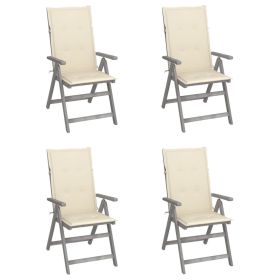 Patio Reclining Chairs 4 pcs with Cushions Solid Acacia Wood (Color: Gray)